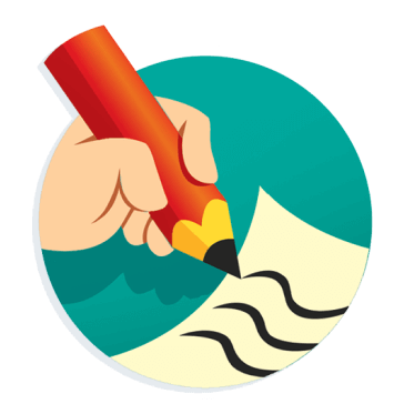 ícone circular que tem uma mão segurando um lápiz da cor vermelha sobre um papel escrito